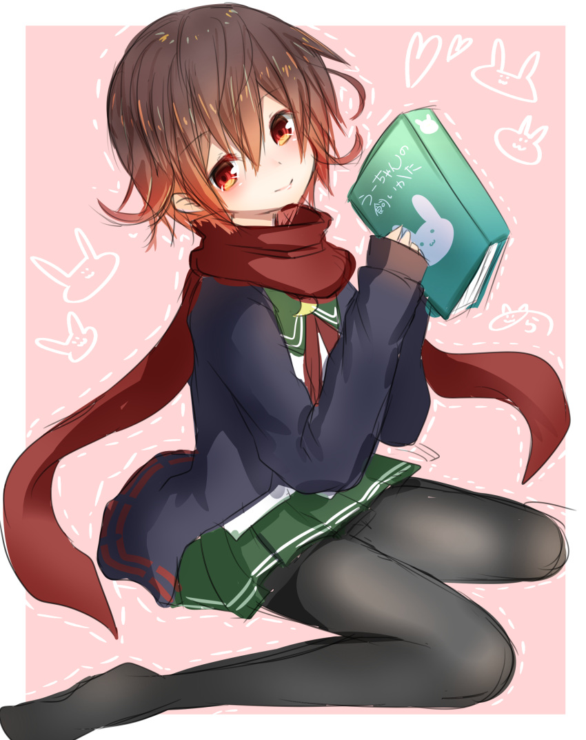 1girl, absurdres, black_legwear, book, brown_eyes, brown_hair, highres, jacket