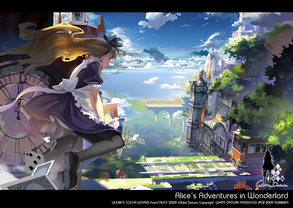 alice_(wonderland), alice_in_wonderland, alphonse, alphonse_(white_datura), apron, blonde_hair, bow, bridge