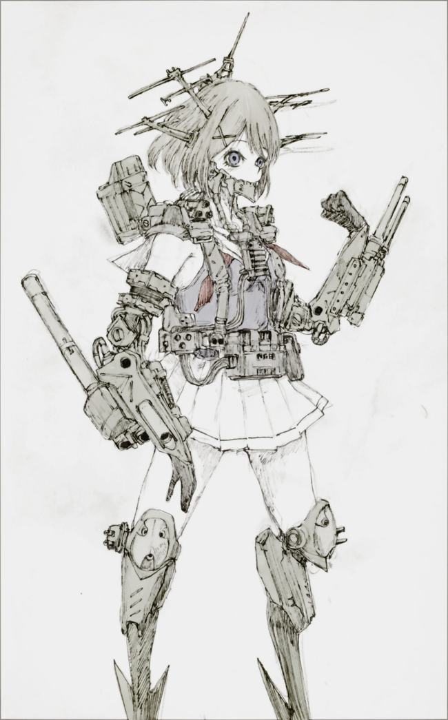 1girl, amputee, android, blue_eyes, commentary_request, creepy, flat_gaze, kantai_collection
