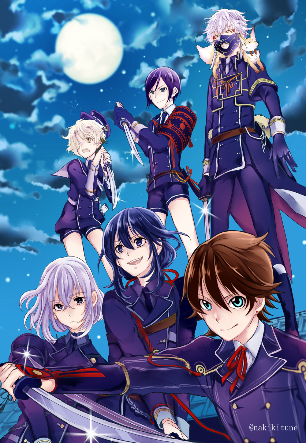 6+boys, armor, black_hair, blue_eyes, brown_hair, fox, full_moon, gokotai