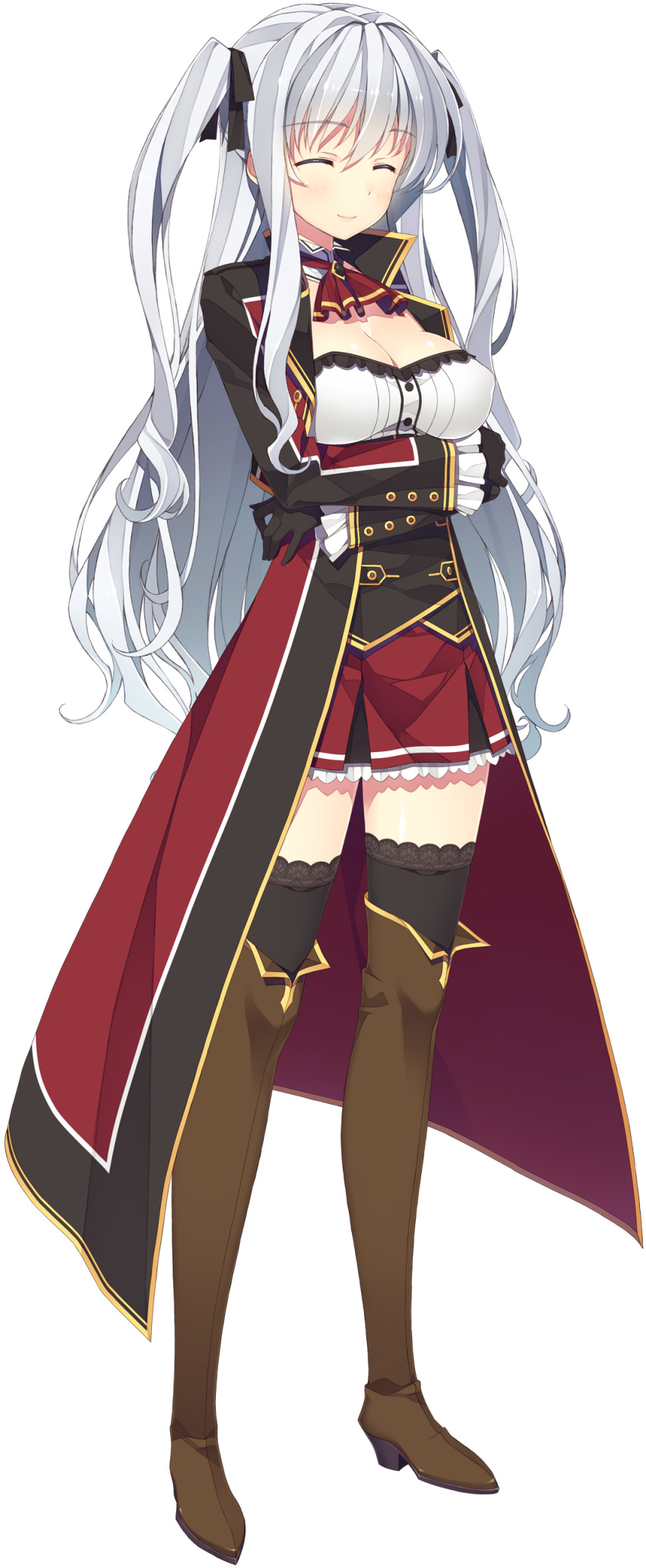 1girl, absurdres, black_legwear, blush, breasts, cleavage, closed_eyes, crossed_arms, full_body, gloves, highres, juukishi_cutie_bullet, large_breasts, long_coat, long_hair, looking_at_viewer, pleated_skirt, purple_hair, silver_hair, simple_background, skirt, smile, solo, thigh-highs, twintails, very_long_hair, white_background, yuuki_hagure, yuuna_de_medishi, zettai_ryouiki