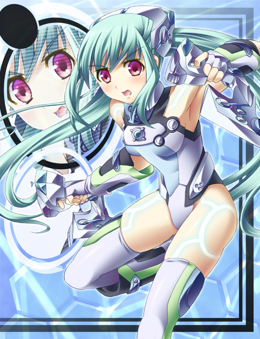 aqua_hair, armpits, bad_id, blush, bodysuit, fingerless_gloves, gloves, ibuki_mana
