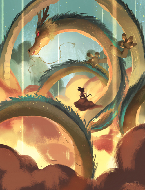1boy, abigail_l._dela_cruz, artist_name, dragon, dragon_ball, flying_nimbus, horns, pole