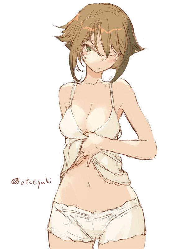1girl, armpits, bare_shoulders, blush, breasts, brown_hair, camisole, cleavage