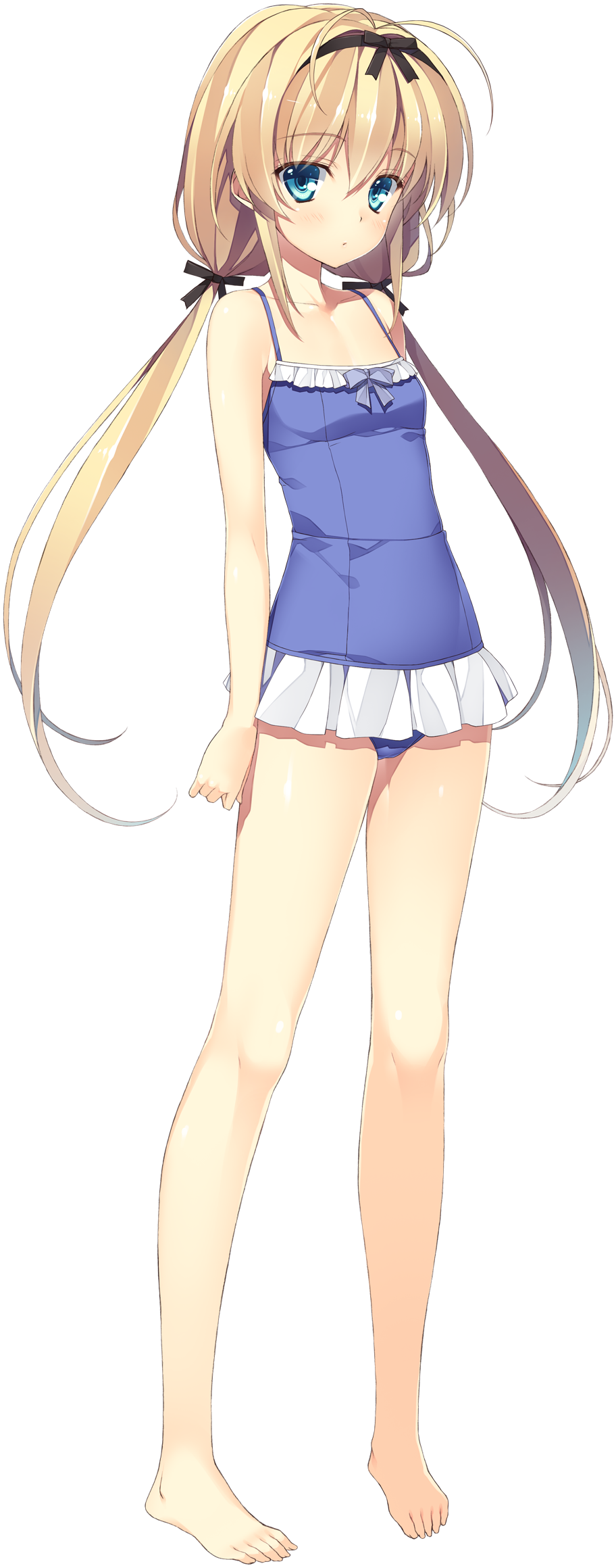 1girl, bare_shoulders, blonde_hair, blue_eyes, blush, flat_chest, frilled_swimsuit, frills