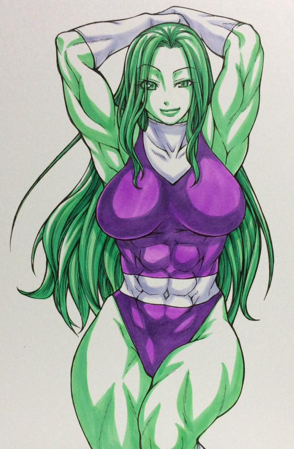 1girl, abs, arms_behind_head, breasts, chiba_toshirou, gloves, green_eyes, green_hair
