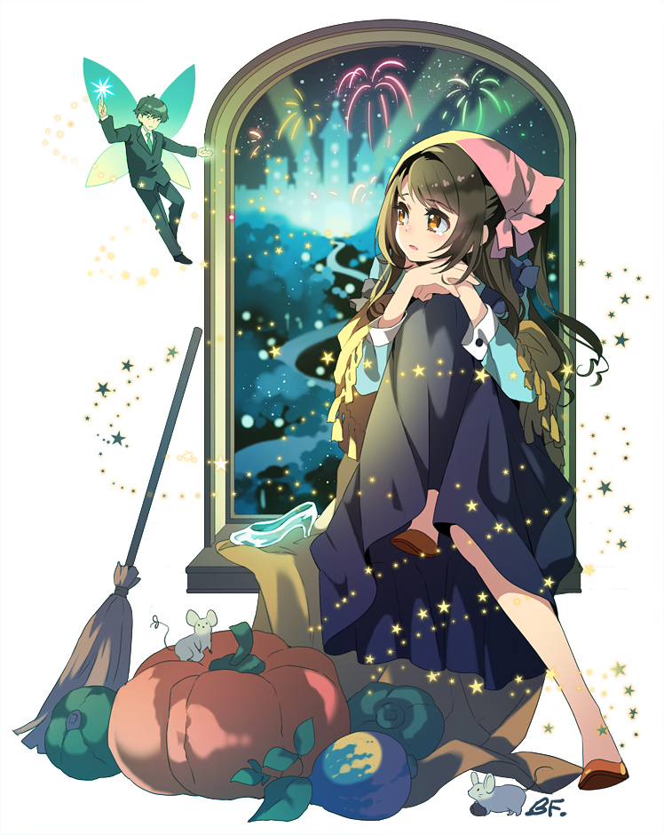 1boy, 1girl, bf._(sogogiching), brown_eyes, brown_hair, cinderella, cinderella_(grimm), fairy