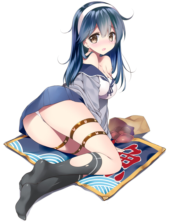 1girl, ass, bag, blue_hair, blush, breasts, brown_eyes, cleavage