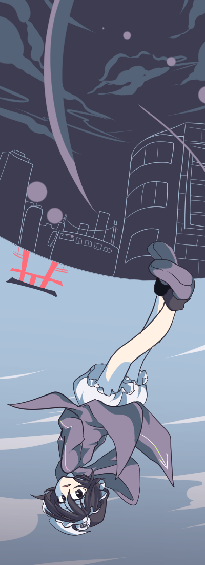 androgynous, black_hair, city, frilled_hat, hat, hooded_jacket, hoodie, jandare, len'en, necktie, shitodo_kuroji, short_hair, shorts, torii, triangular_headpiece, upside-down, violet_eyes