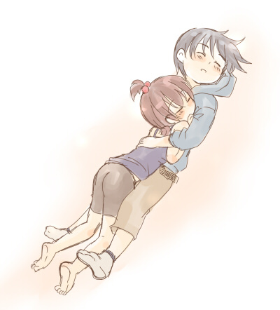 1boy, 1girl, barefoot, brown_hair, closed_eyes, gym_shorts, hair_bobbles, hair_ornament, hug, lowres, lying_on_person, marui_futaba, midorisuu, mitsudomoe, satou_shin'ya, short_hair, shorts, sleeping
