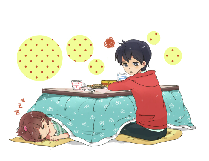 1boy, 1girl, black_eyes, black_hair, blush, brown_hair, closed_eyes, cup, hair_bobbles, hair_ornament, hooded_jacket, kotatsu, marui_futaba, mitsudomoe, mori1995, satou_shin'ya, short_hair, sitting, sleeping, table