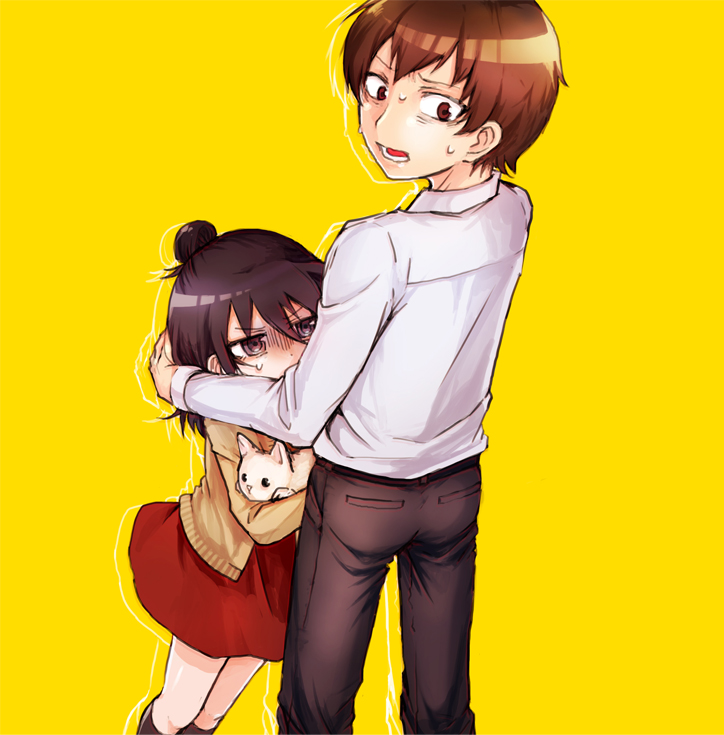 1boy, 1girl, black_eyes, black_hair, cat, dress, hair_bun, hug