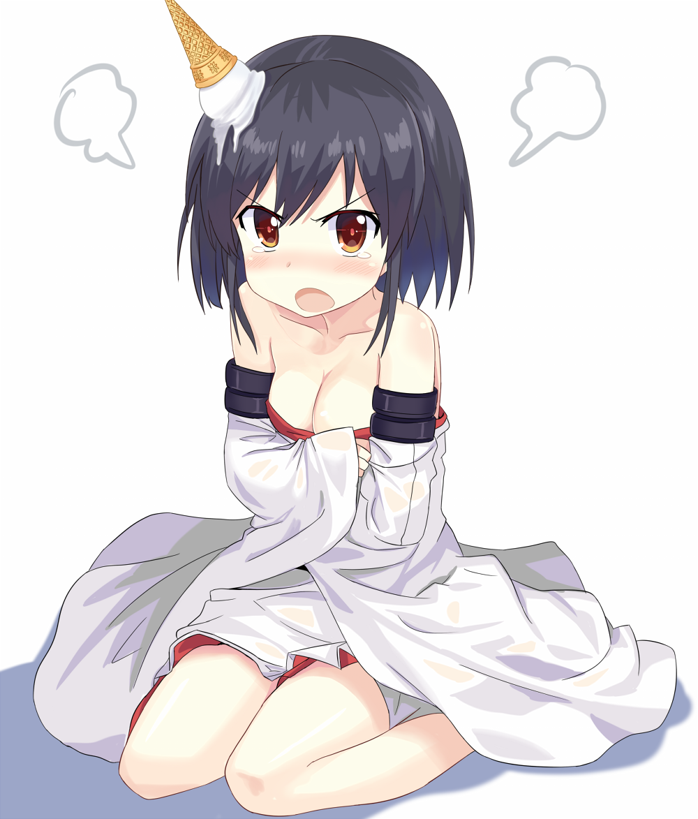 1girl, annoyed, bare_shoulders, black_hair, blush, breasts, cleavage, crossed_arms