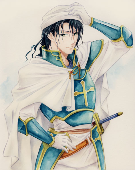 1boy, agahari, alec_(fire_emblem), armor, cape, fire_emblem, fire_emblem:_seisen_no_keifu, gauntlets, gloves, green_eyes, green_hair, long_hair, simple_background, solo, sword, weapon, white_background