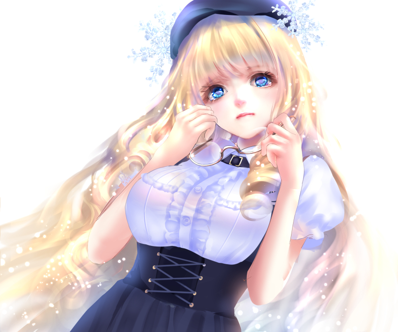 1girl, beret, blonde_hair, blue_eyes, breasts, center_frills, glasses, glasses_removed