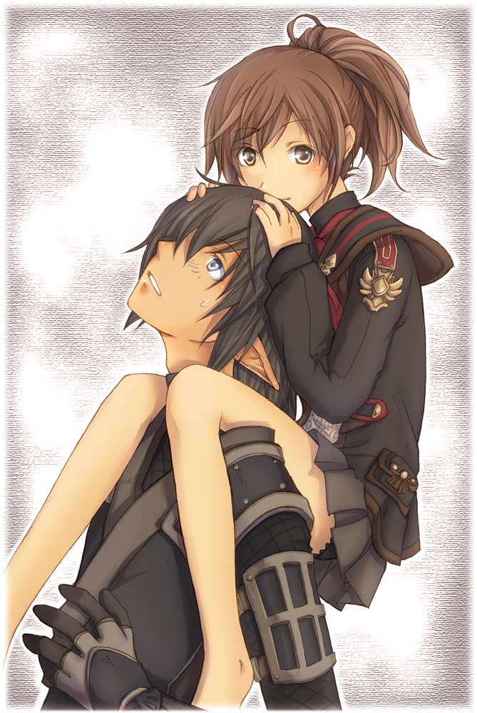 1boy, 1girl, barefoot, black_hair, blue_eyes, brown_hair, elf, elvaan
