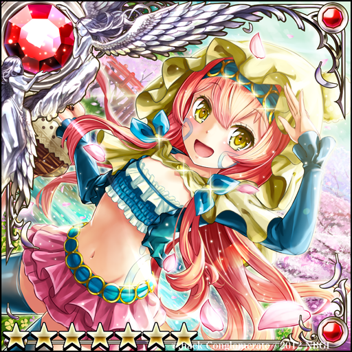 .hack//, 1girl, 2012, :d, blue_bow, blue_legwear, bow, cherry_blossoms, crop_top, facial_mark, flatley_(guilty_dragon), frills, guilty_dragon, hairband, hood, kanipanda, long_hair, midriff, miniskirt, navel, open_mouth, petals, pink_hair, pink_skirt, skirt, smile, solo, star, tattoo, thigh-highs, yellow_eyes
