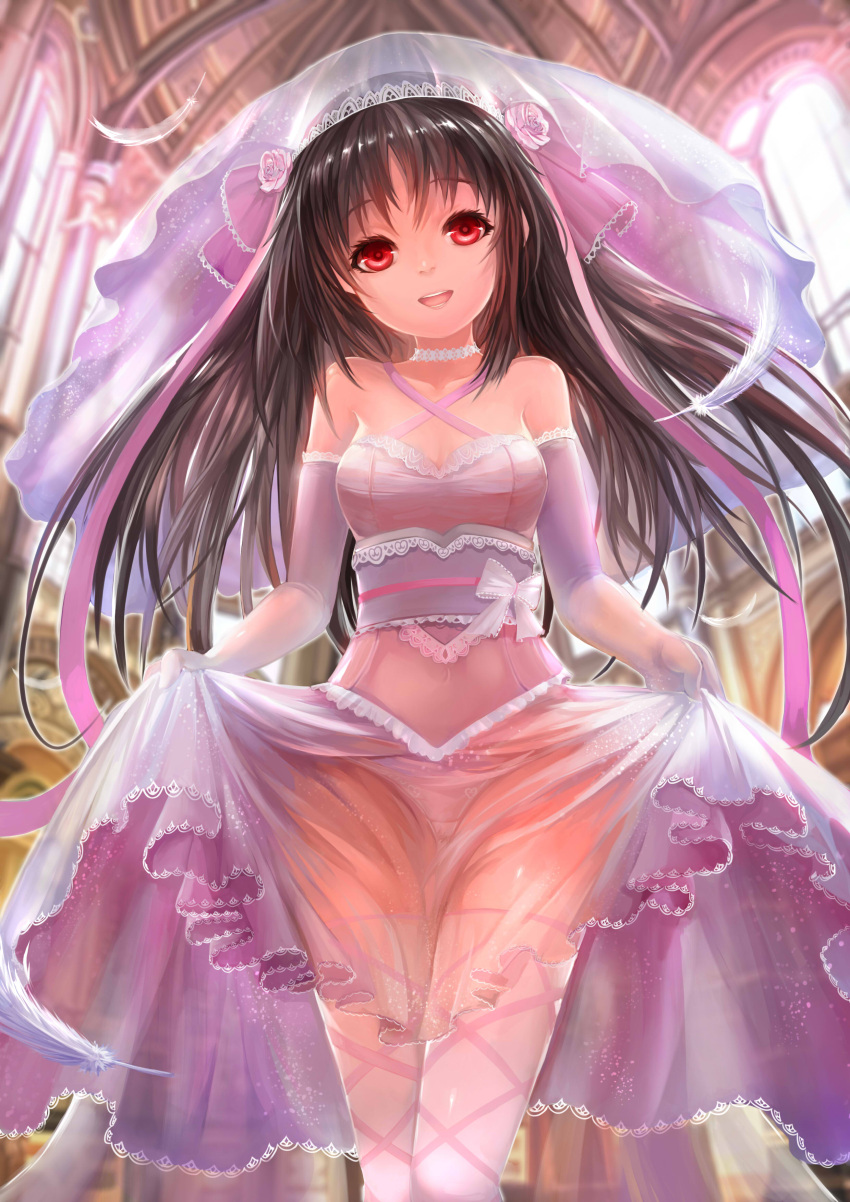 1girl, :d, absurdres, bare_shoulders, black_hair, bow, breasts, bridal_veil