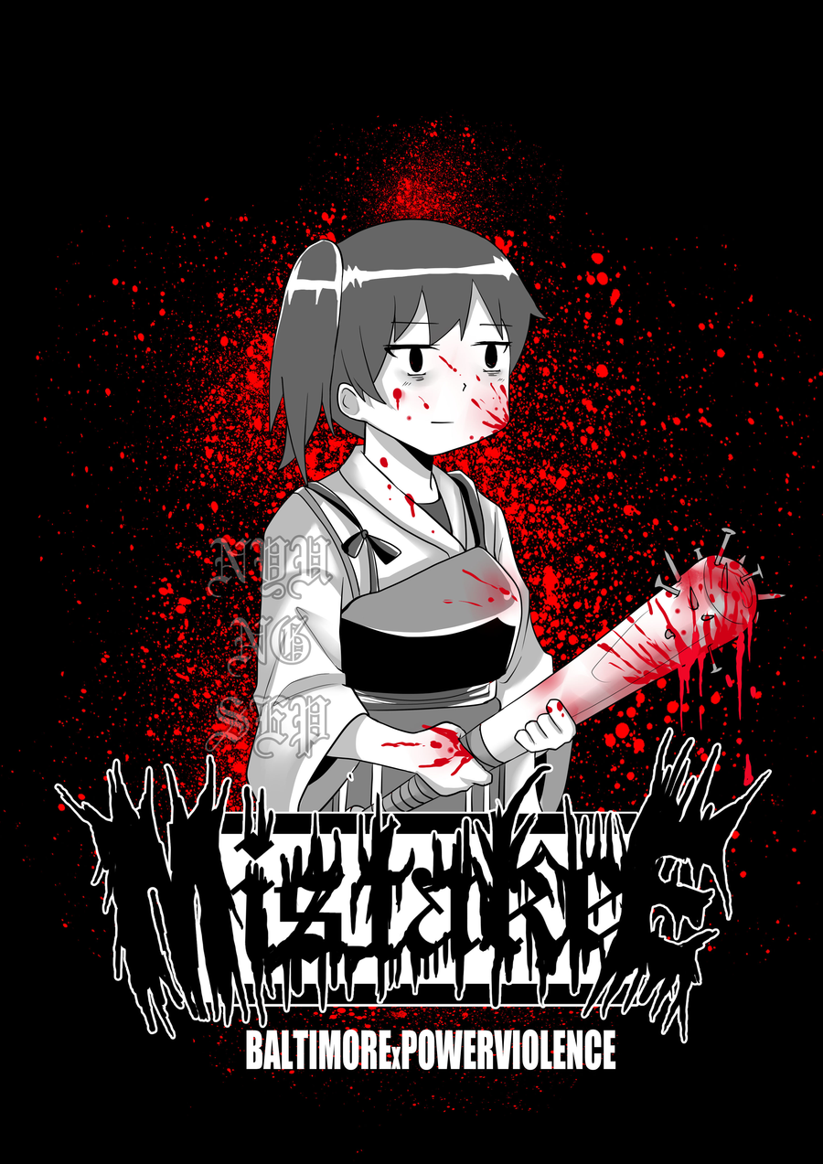 1girl, ade-nyungsep, artist_name, bags_under_eyes, baseball_bat, blood, blood_on_face, blood_on_hands