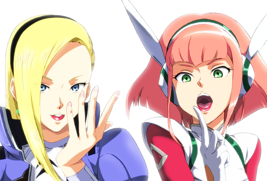 2girls, barara_peol, blonde_hair, blue_eyes, finger_to_mouth, fugakuhyakkei, green_eyes, gundam
