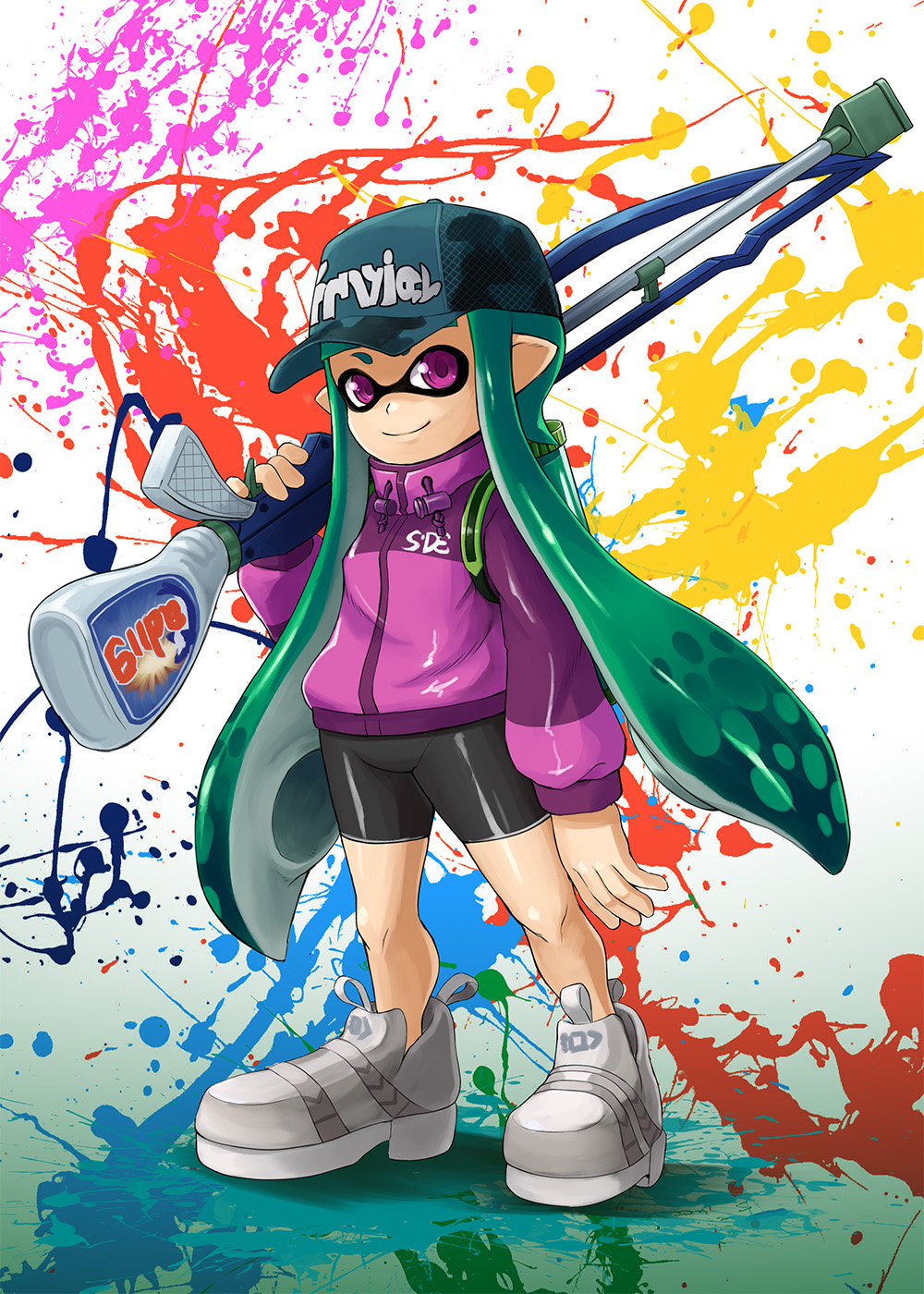1girl, bike_shorts, commentary, domino_mask, green_hair, gun, highres, holding