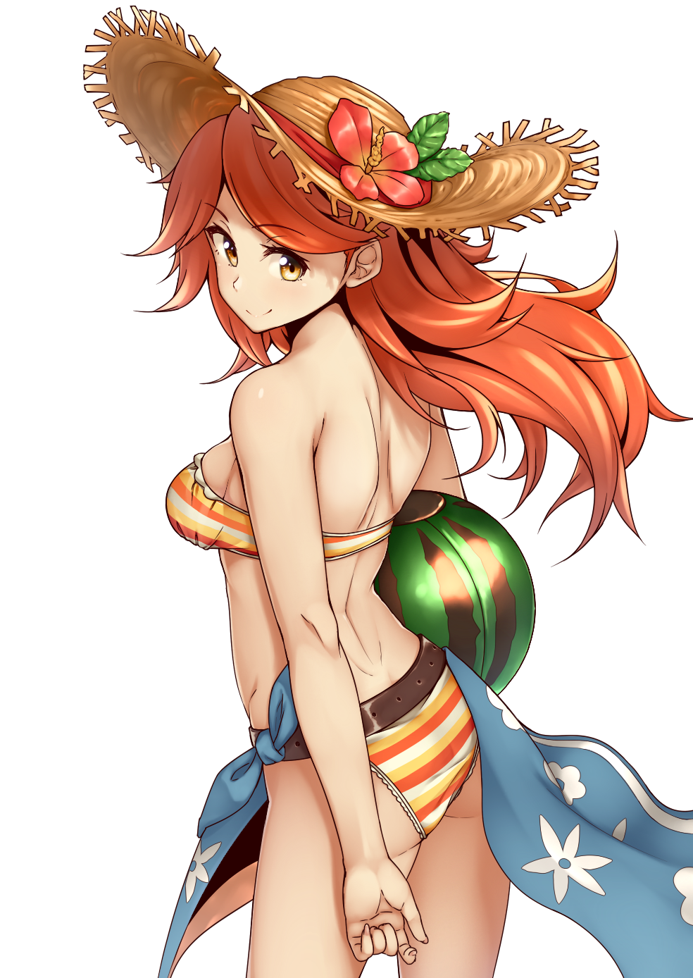 1girl, bikini, breasts, food, fruit, granblue_fantasy, hat, highres