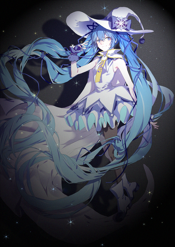 1girl, blue_eyes, blue_gloves, blue_hair, fingerless_gloves, frilled_skirt, frills, gloves, hat, hatsune_miku, long_hair, musical_note, necktie, qiqu, skirt, smile, solo, twintails, very_long_hair, vocaloid, witch_hat, yuki_miku