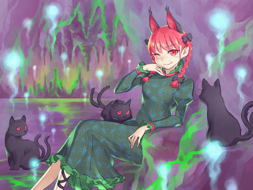 1girl, animal, animal_ears, blush, bow, braid, cat, cat_ears