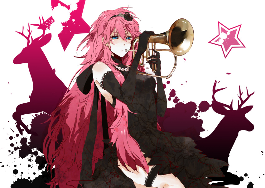 bad_id, blue_eyes, breasts, deer, dress, elbow_gloves, flugelhorn, garters, gloves, hair_ornament, hairband, hatsuko, highres, instrument, large_breasts, long_hair, megurine_luka, pearl, pearl_necklace, pink_hair, side_slit, solo, star, very_long_hair, vocaloid, white