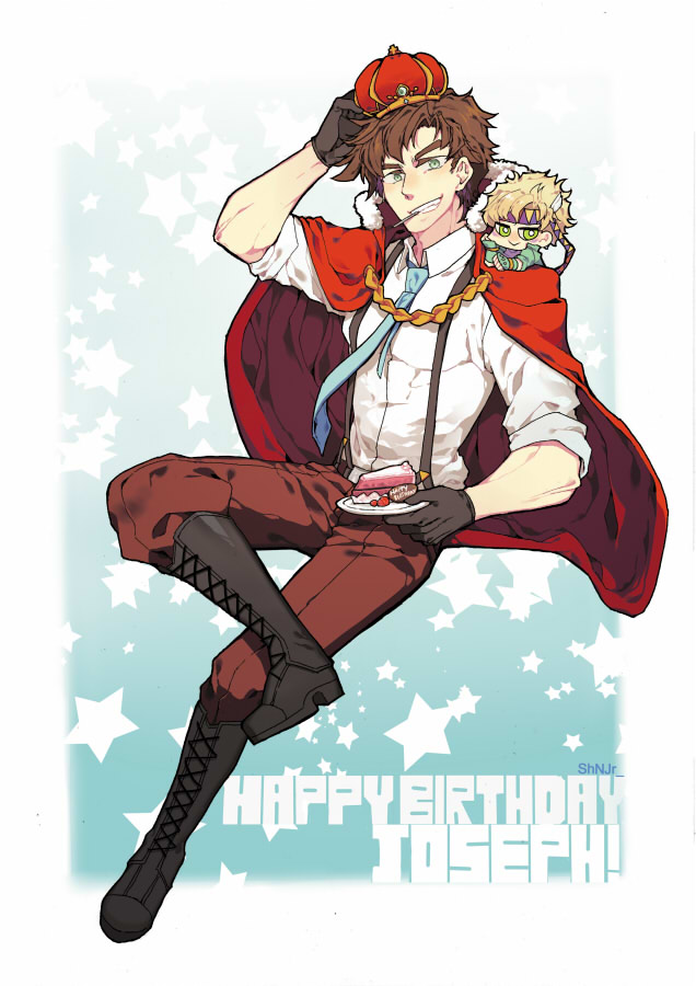 2boys, artist_name, black_gloves, blonde_hair, boots, brown_hair, caesar_anthonio_zeppeli, cake