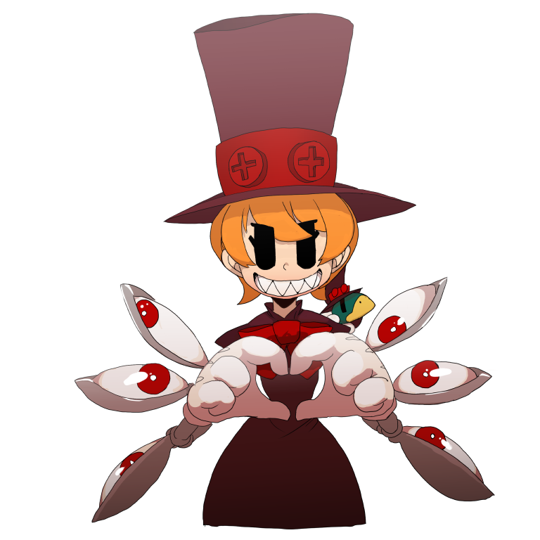 1girl, hat, heart, heart_hands, higa_norio, looking_at_viewer, orange_hair, peacock_(skullgirls)