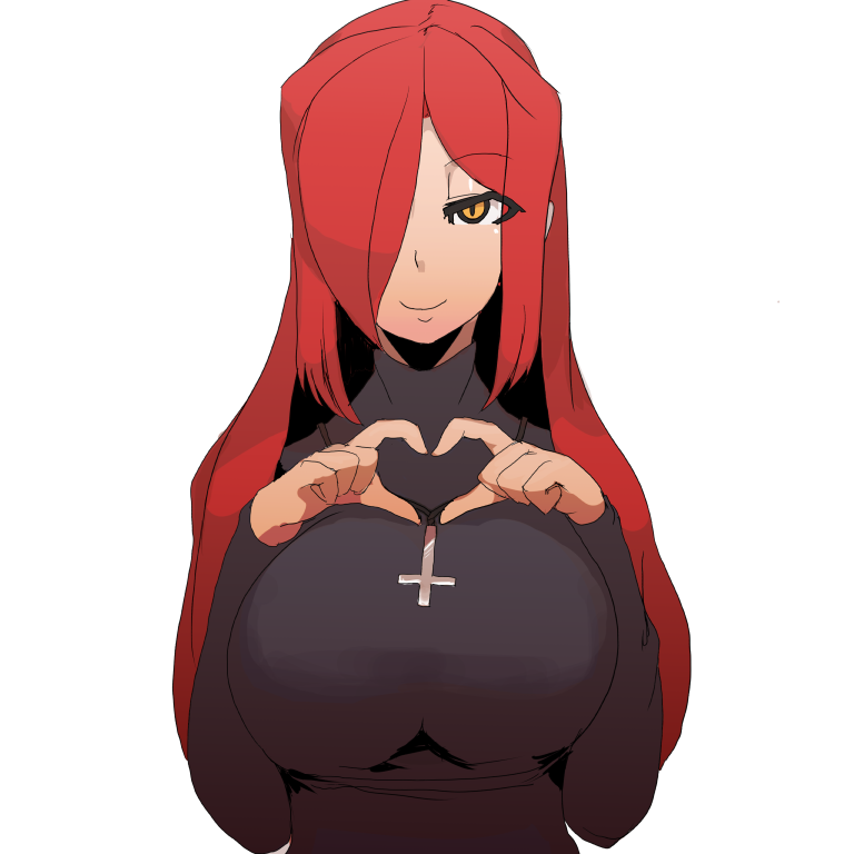 1girl, breasts, celtic_cross, hair_over_one_eye, heart, heart_hands, higa_norio, large_breasts