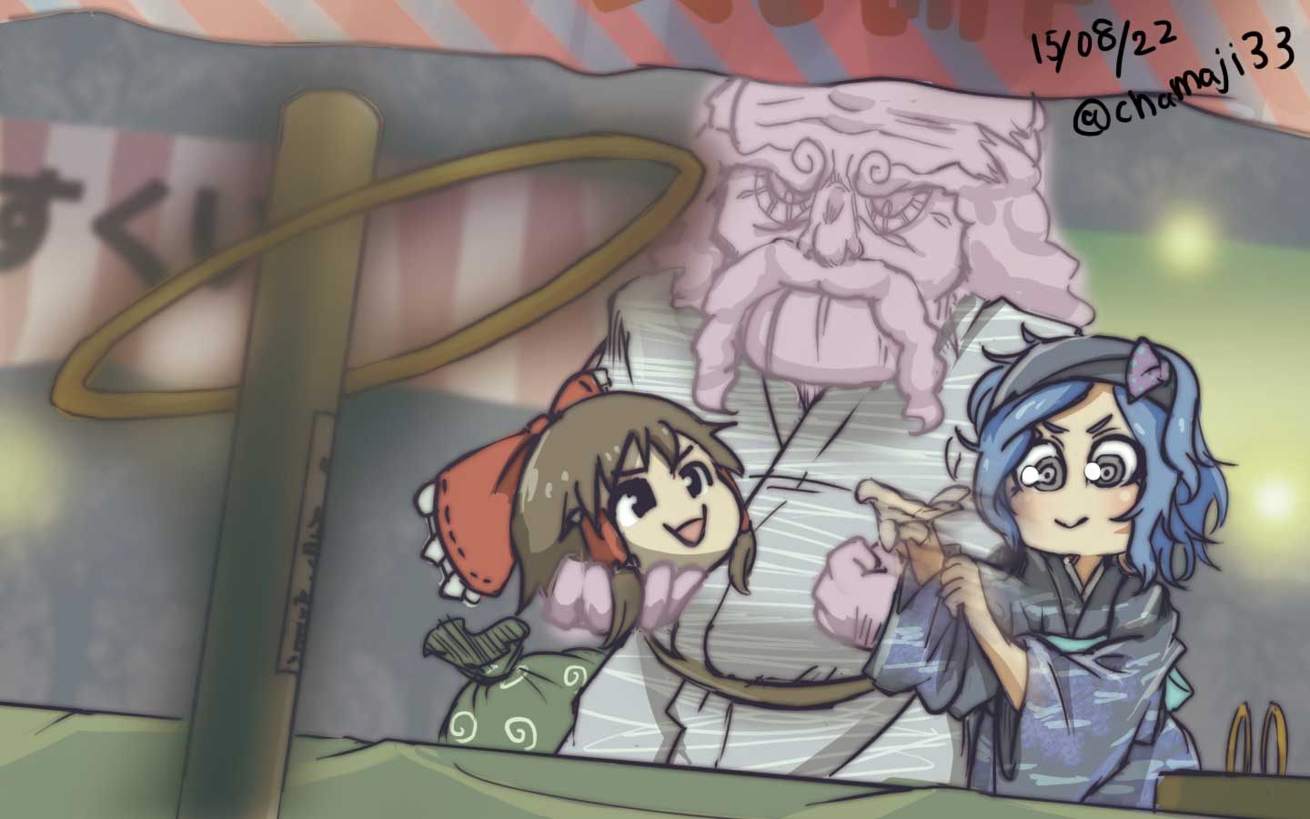 1boy, 1girl, alternate_costume, beard, blue_hair, bow, brown_hair, carnival