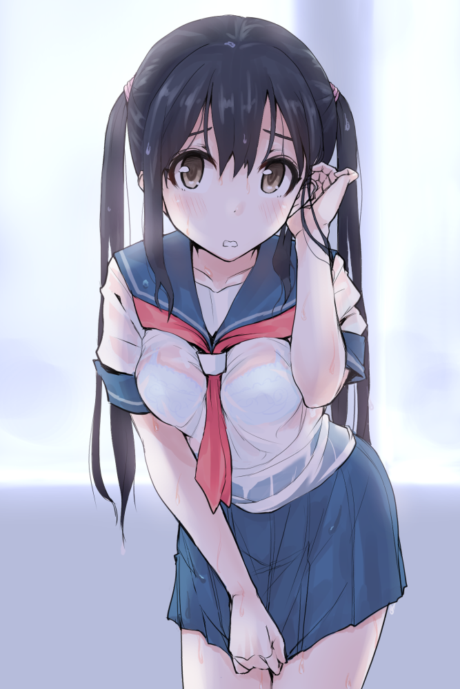 1girl, aidama_(td1143), black_hair, blush, bra, breasts, brown_eyes, leaning_forward