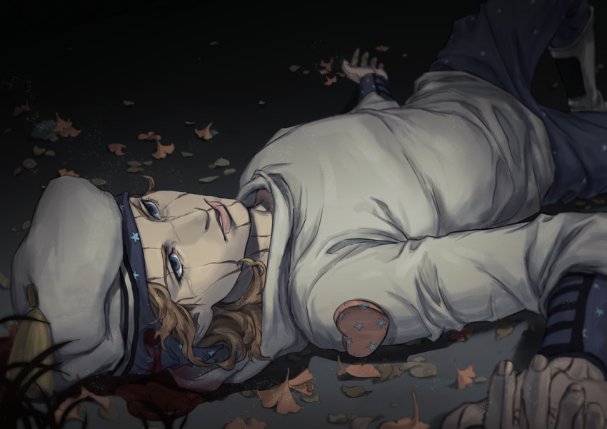 1boy, blonde_hair, blood, blue_eyes, boots, bullet_hole, death, empty_eyes