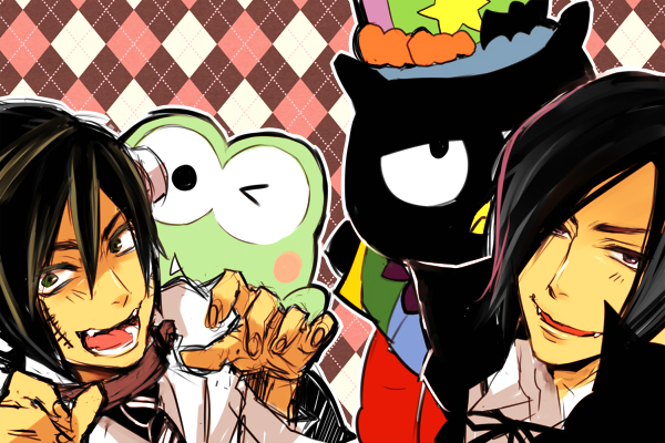 2boys, argyle, argyle_background, arsmagna, bak_witt, batz-maru, bird, black_hair, blush_stickers, cape, cosplay, fang, frankenstein's_monster_(cosplay), frog, green_hair, halloween, halloween_costume, hat, keroppi, kurou_kentou, mascot, multiple_boys, one_eye_closed, ooyama_(hnk1018), penguin, sanrio, smile, top_hat, vampire_costume