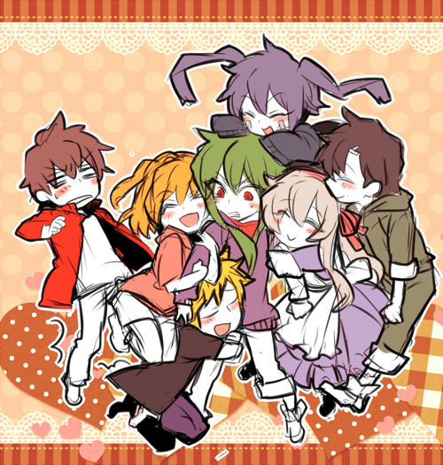 3boys, 4girls, blue_hair, blush, brown_hair, ene_(kagerou_project), facial_mark, hairband