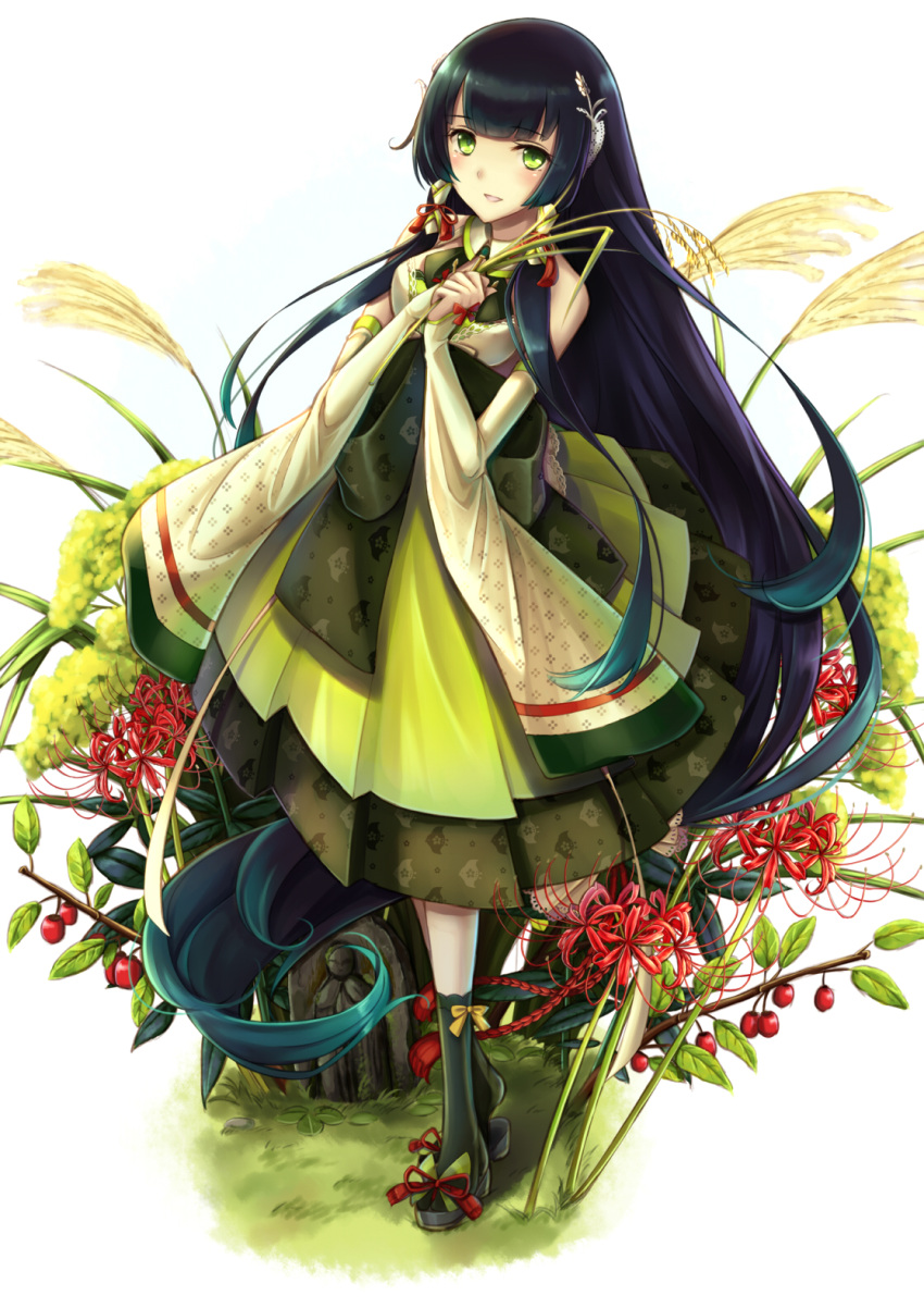 1girl, bare_shoulders, black_hair, breasts, detached_sleeves, dress, flower, food