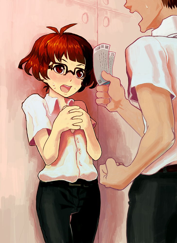androgynous, antenna, antennae, bad_id, belt, blouse, brown_eyes, brown_hair, glasses, idolmaster, idolmaster_dearly_stars, idolmaster_ds, mai-chan, male, pants, school_uniform, ticket