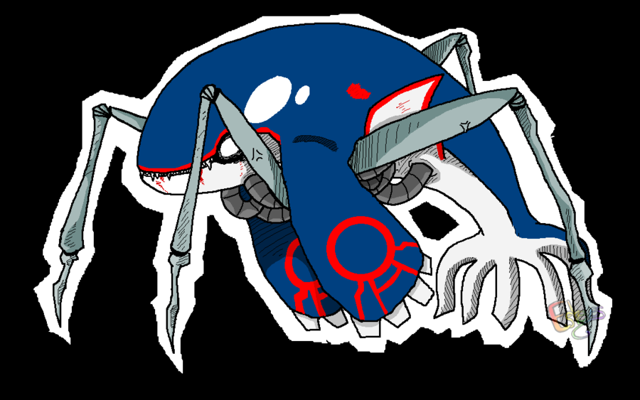 blood, crossover, gyo, itou_junji_(style), kyogre, mechanical_legs, no_humans, pokemon