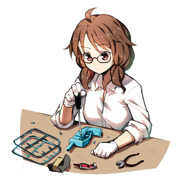 1girl, bobomaster, brown_eyes, brown_hair, defense_distributed_liberator, glasses, gloves, gun