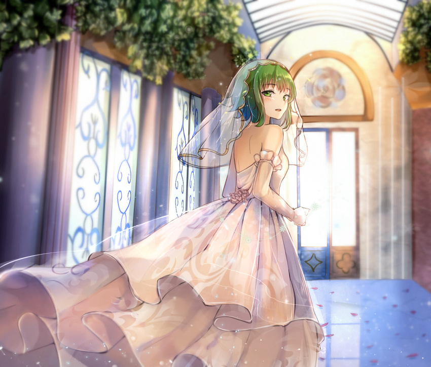 1girl, bridal_veil, bride, dress, flower, gloves, green_eyes, green_hair