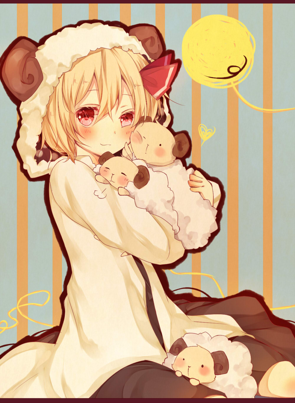 1girl, animal, animal_costume, animal_hug, blonde_hair, hair_ribbon, highres, misa_(kaeruhitode)