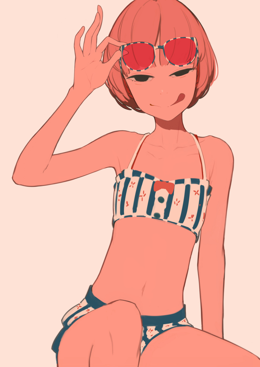 1girl, :q, absurdres, beige_background, black_eyes, flat_chest, food, hieda_yawe