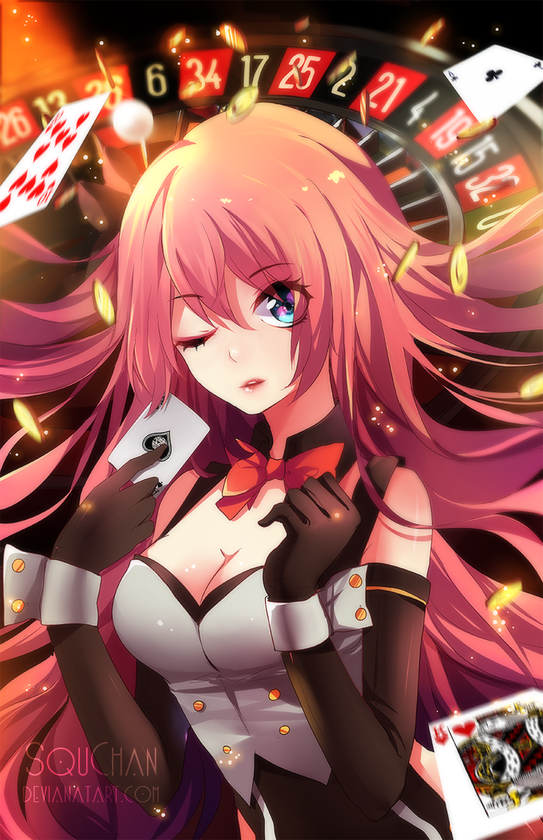 1girl, ;o, artist_name, blackjack_(vocaloid), blue_eyes, bowtie, breasts, card