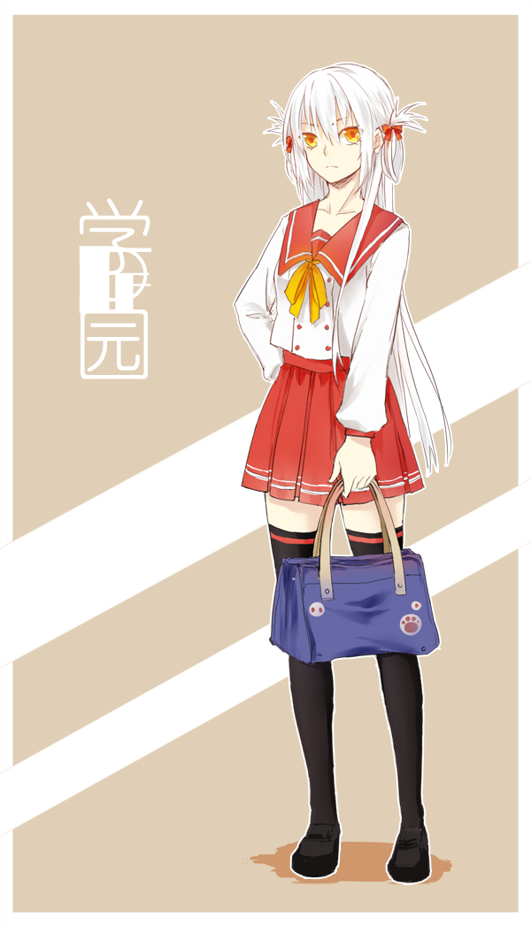 1girl, black_legwear, kageis, long_hair, original, pixiv_fantasia, pixiv_fantasia_fallen_kings, school_uniform, serafuku, shiro_elias, skirt, solo, thigh-highs, white_hair