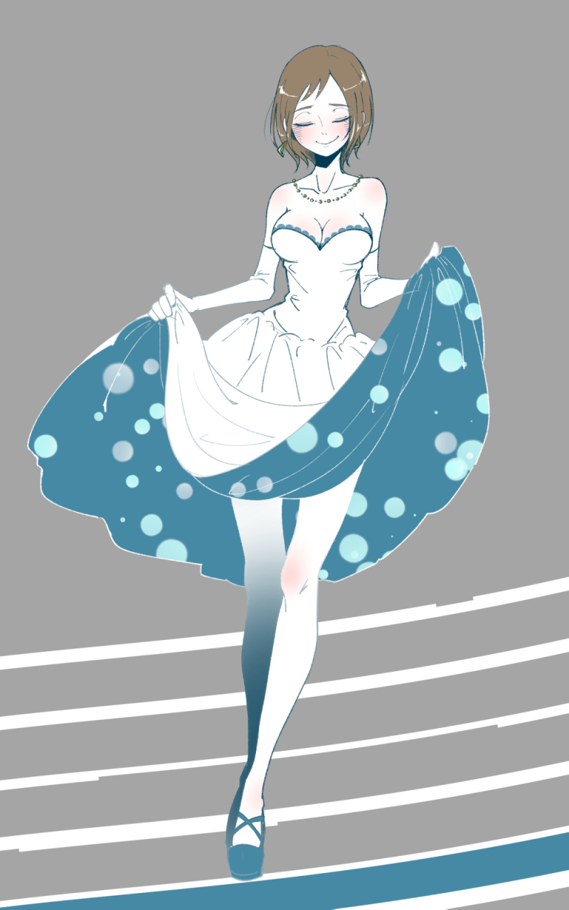 1girl, breasts, cleavage, closed_eyes, dress, earrings, highres, jewelry, koala_(one_piece), linkadoll, necklace, one_piece, pantyhose, short_hair, simple_background, smile, solo, strapless_dress, white_legwear