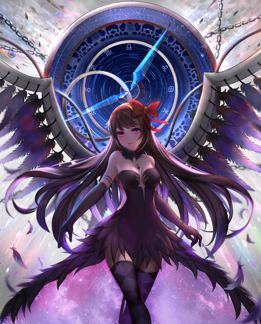 1girl, absurdres, akemi_homura, akuma_homura, argyle, argyle_legwear, bare_shoulders, black_dress