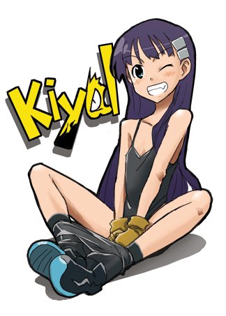 bare_shoulders, camisole, fang, gloves, grin, kiyal, long_hair, lowres