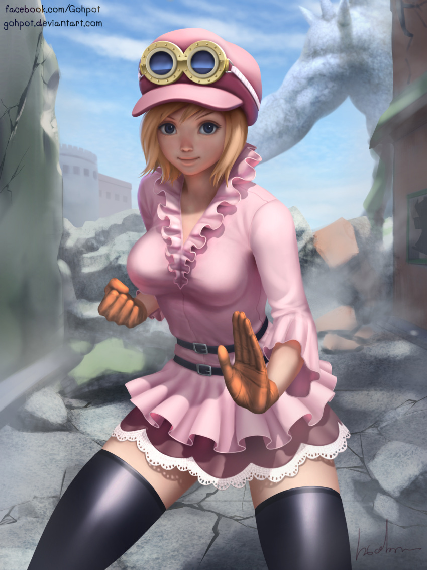 1girl, bad_id, black_legwear, black_thighhighs, blonde_hair, blue_eyes, breasts, castle, clenched_hand, closed_mouth, female, fighting_stance, frills, gloves, goggles, goggles_on_hat, gohpot, hat, highres, koala_(one_piece), looking_at_viewer, miniskirt, one_piece, pica, pink_shirt, ruins, short_hair, skirt, solo, thigh-highs, thighhighs, zettai_ryouiki